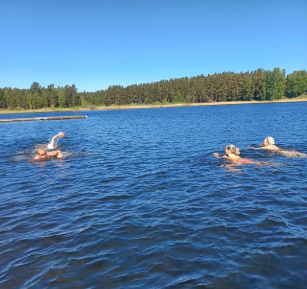 människor som simmar i en sjö, både bröstsim och crawl